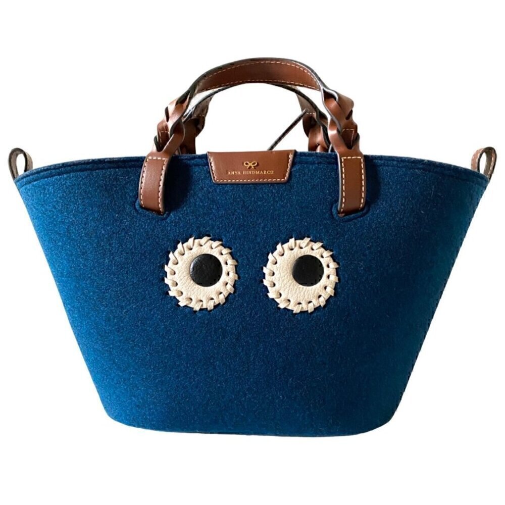 Anya Hindmarch Small Eyes Felt Tote Bag Leather Trimmed Dark Petrol Blue Brown - Picture 2 of 13
